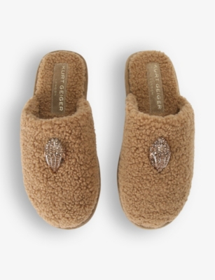 Shop Kurt Geiger Kensington Eagle-embellished Faux-shearling Slippers In Camel