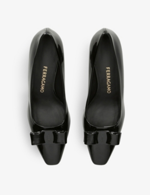 Shop Ferragamo Ornament Arched-heel Heeled Leather Courts In Black