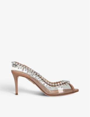 AQUAZZURA: Temptation crystal-embellished leather and PVC slingback sandals