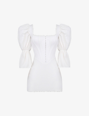 HOUSE OF CB: Matilda corseted puffed-sleeve stretch cotton-blend mini dress