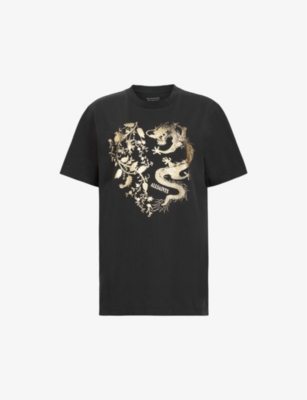 Allsaints Mens Black Auru Graphic-print Short-sleeve Organic-cotton T-shirt