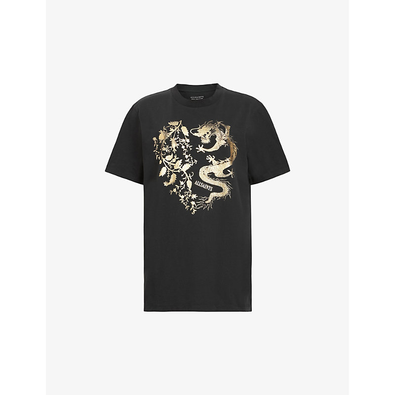 Allsaints Mens Black Auru Graphic-print Short-sleeve Organic-cotton T-shirt