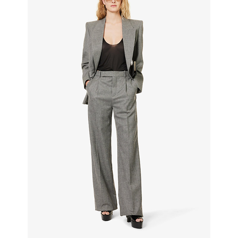 Shop Saint Laurent Women's Noir Craie Check-pattern Slip-pocket Mid-rise Wide-leg Wool Trousers