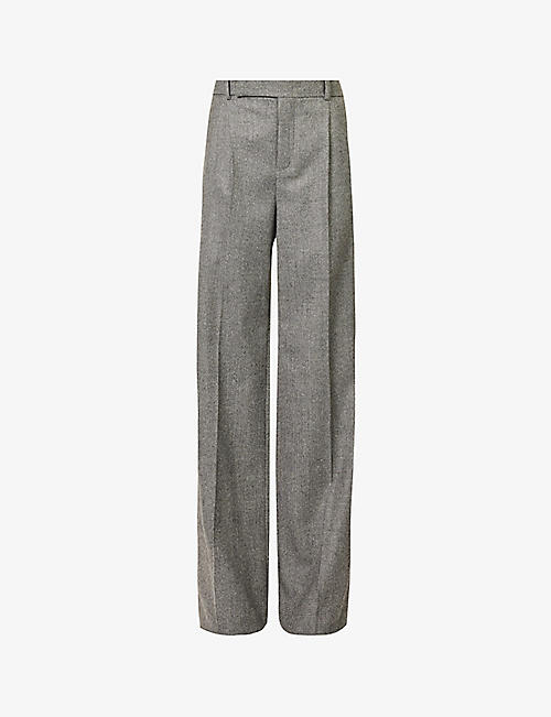 SAINT LAURENT: Check-pattern slip-pocket mid-rise wide-leg wool trousers