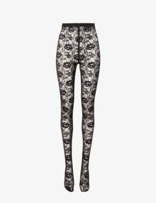 SAINT LAURENT: Floral-embroidered high-rise stretch-lace tights