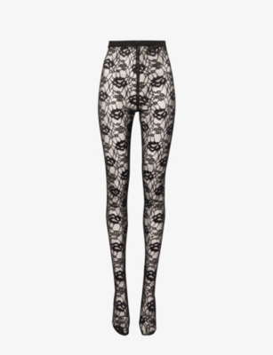 SAINT LAURENT SAINT LAURENT WOMEN'S NOIR FLORAL-EMBROIDERED HIGH-RISE STRETCH-LACE TIGHTS