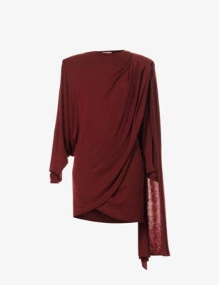 Saint Laurent Draped Strong-shoulder Long-sleeve Mini Dress In Rouge Piment