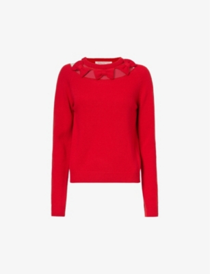 Valentino Womens Red Maglia Bow-embellished Wool Knitted Jumper In Red