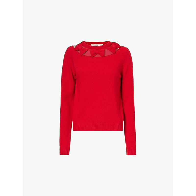 VALENTINO VALENTINO WOMENS RED MAGLIA BOW-EMBELLISHED WOOL KNITTED JUMPER