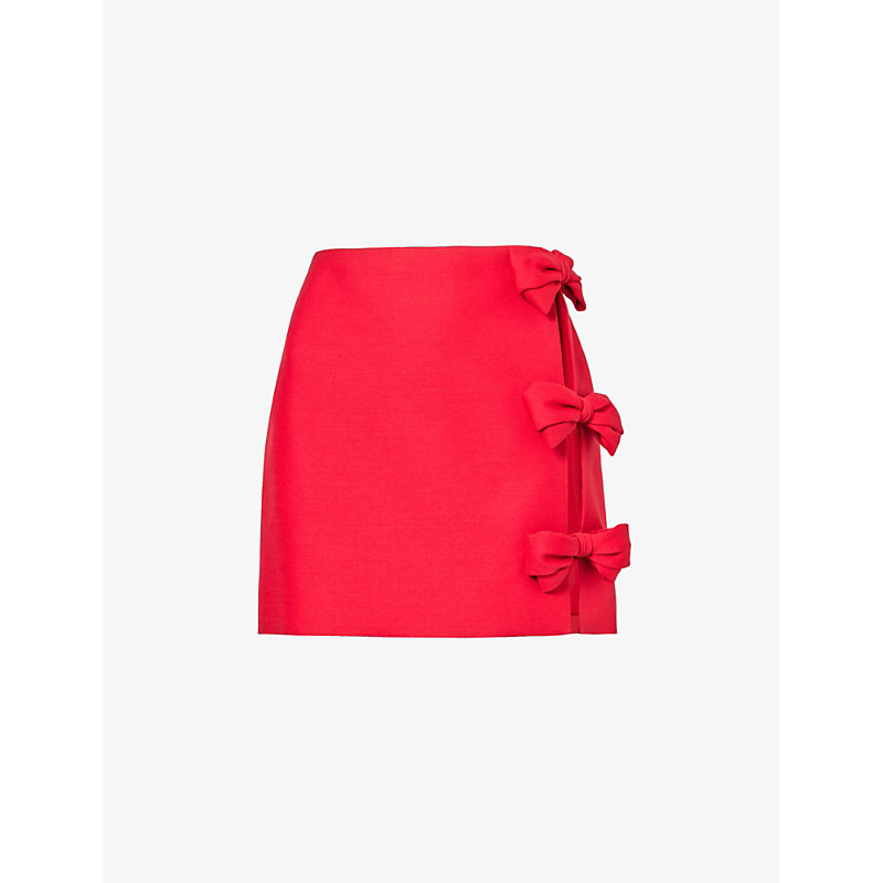 VALENTINO VALENTINO WOMENS ROSSO BOW-EMBELLISHED WOOL AND SILK-BLEND MINI SKIRT