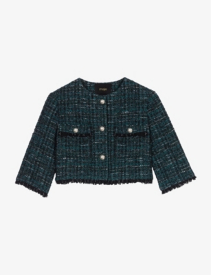 Maje Cropped Tweed Jacket In Verts