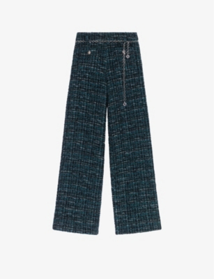 Maje Belted Metallic Bouclé-tweed Wide-leg Pants In Verts