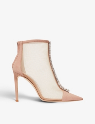 Jimmy Choo Bing 100 Crystal-embellished Suede And Mesh Heeled Boots In Pink