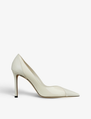 Jimmy Choo Cass 95 Pointed-toe Patent-leather Heeled Courts In Latte/latte