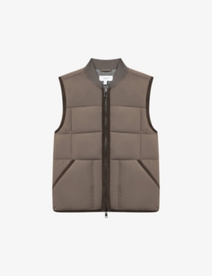 Reiss Mens Mushroom Pilgrim Quilted Recycled-polyester Gilet In Brown