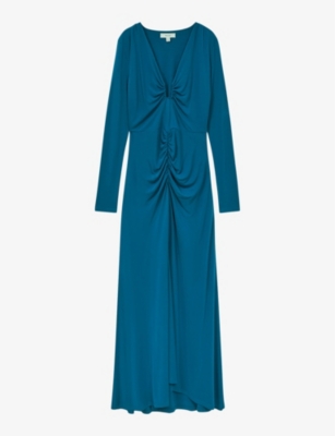 Reiss Remy Plunge-neck Asymmetric-hem Stretch-jersey Midi Dress In Blue