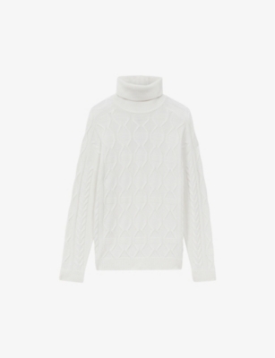 Reiss Mens Ecru Alston Roll-neck Cable-knit Wool-blend Jumper