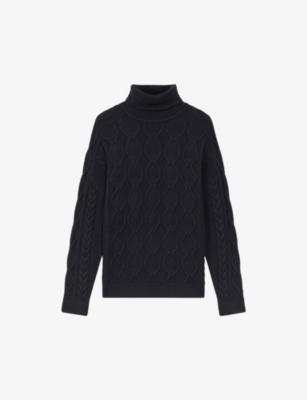 Reiss Mens Navy Alston Roll-neck Cable-knit Wool-blend Jumper