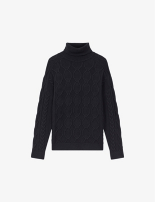 Reiss Mens Navy Alston Roll-neck Cable-knit Wool-blend Jumper In Navy
