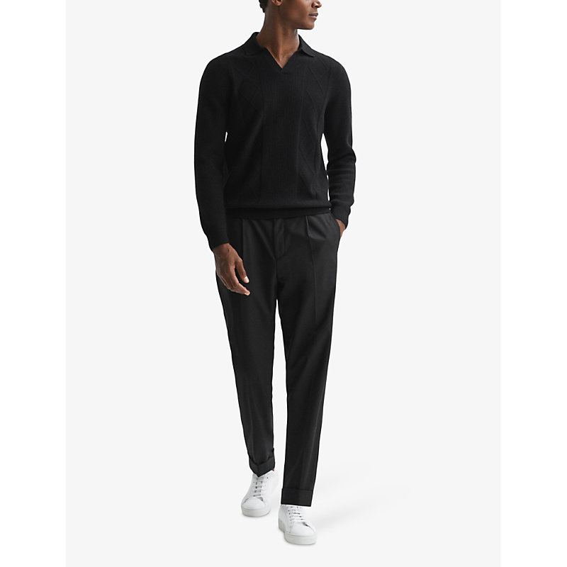 Shop Reiss Men's Black Malik Open-collar Regular-fit Wool Jumper