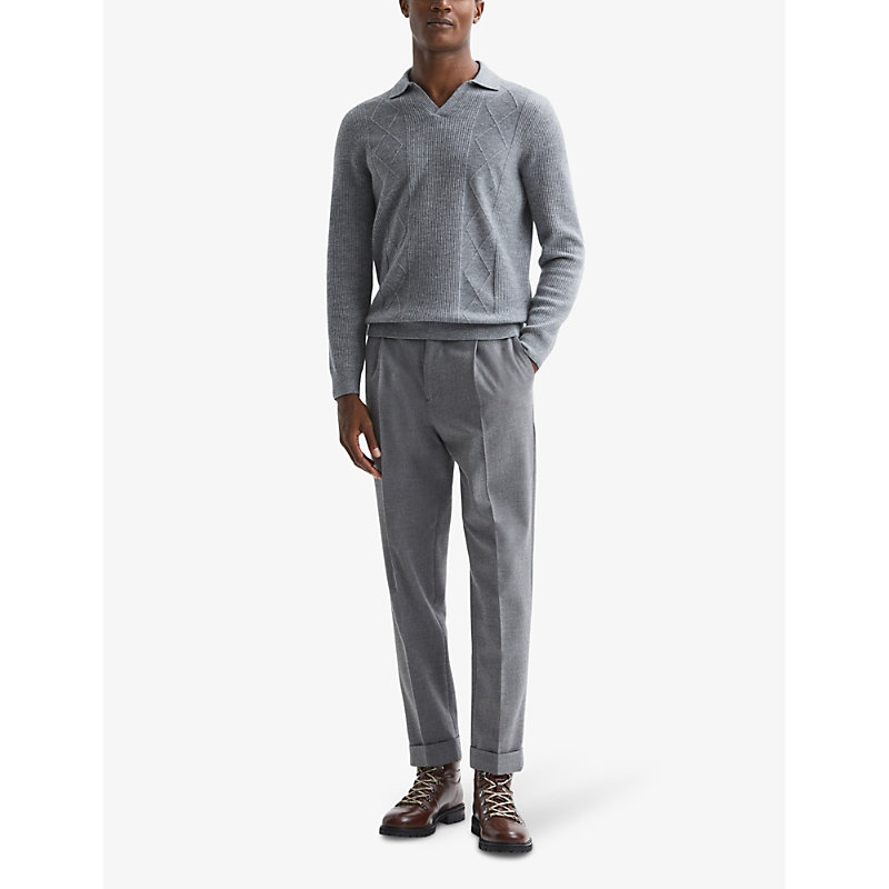 Shop Reiss Men's Soft Grey Melan Malik Open-collar Regular-fit Wool Jumper
