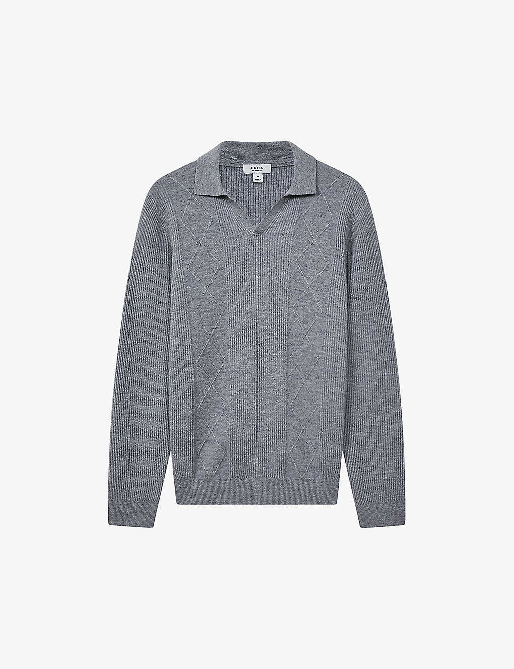 Reiss Mens Soft Grey Melan Malik Open-collar Regular-fit Wool Jumper
