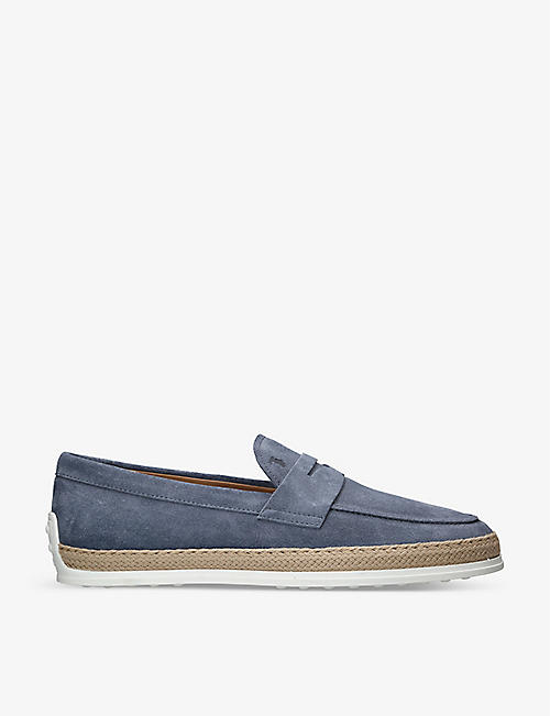 TODS: Raffia Penny logo-embossed suede loafers
