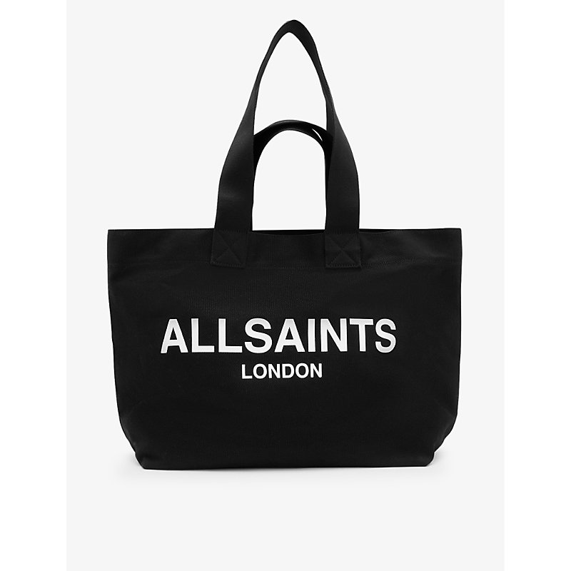 Shop Allsaints Women's Black Ali Logo-print Cotton-canvas Tote Bag