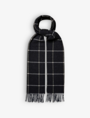 Eton Checked-print Fringed Wool Scarf In Navy Blue