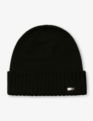 Eton Mens Dark Green Logo-plaque Ribbed Wool Hat