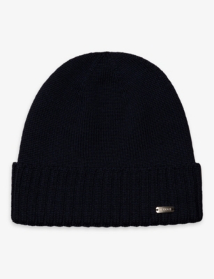 Eton Mens Navy Blue Logo-plaque Ribbed Wool Hat In Navy Blue