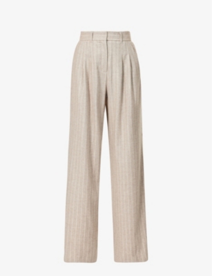 Me And Em Striped Wide-leg High-rise Wool-blend Stretch-woven Trousers In Pale Grey/chalk