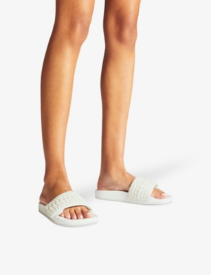 JIMMY CHOO: Fitz pearl-embellished canvas and leather slides