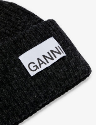 Ganni Womens Phantom Logo-patch Wool, Recycled-wool And Recycled-polyamide Beanie In Phantom