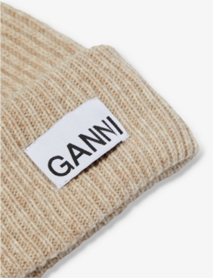 GANNI WOMENS BRAZILIAN SAND LOGO-PATCH WOOL-BLEND BEANIE HAT 