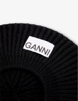 Shop Ganni Women's Black Logo-patch Recycled Wool-blend Beret