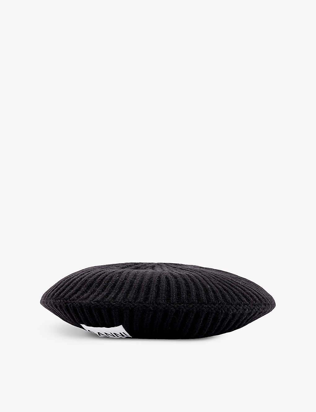 Ganni Logo-patch Recycled Wool-blend Beret In Black