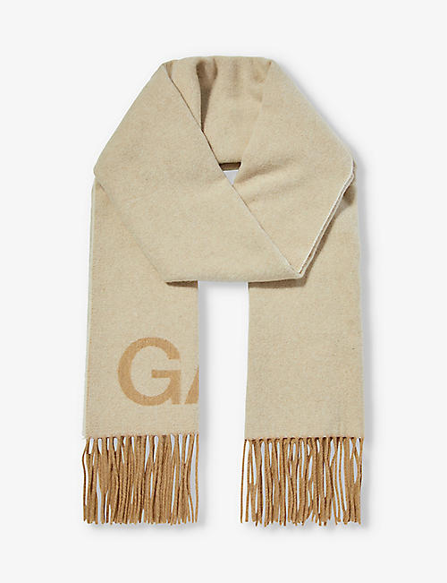 GANNI: Logo-print recycled wool-blend scarf