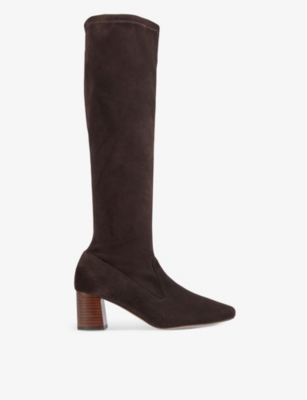 LK BENNETT: Davina square-toe suede heeled knee-high boots