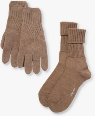 Falke Womens 5410 Nutmeg Mel Wool-blend Socks And Gloves Two-piece Set In Brown