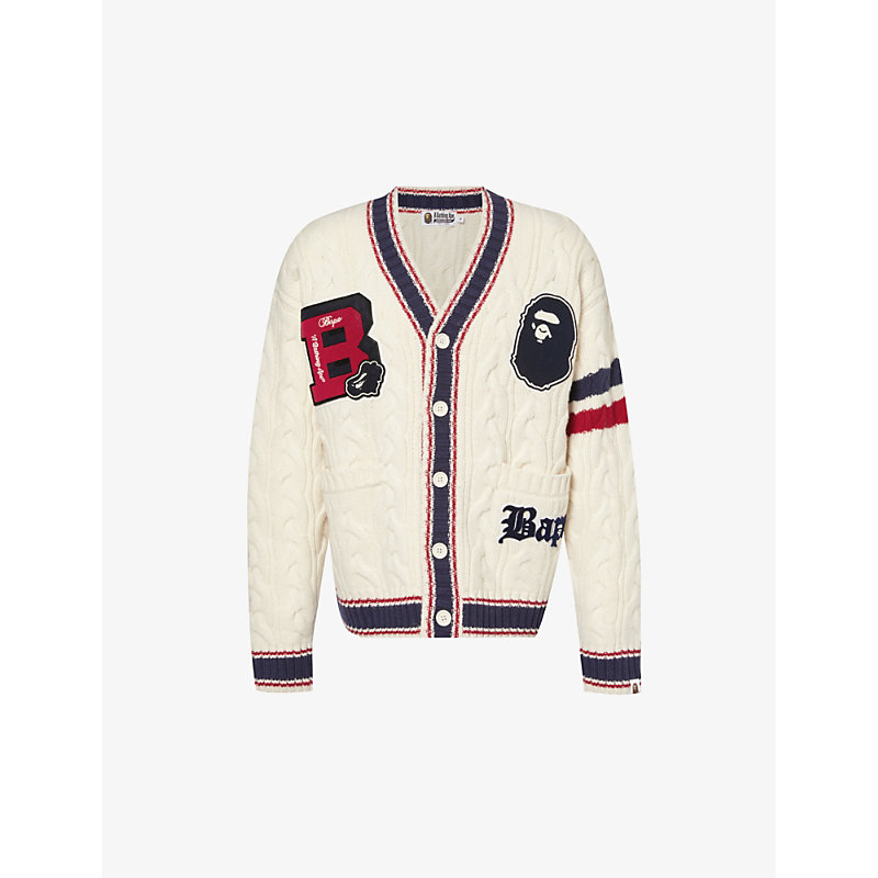 A Bathing Ape Mens Ivory College Branded Wool-knit Cardigan