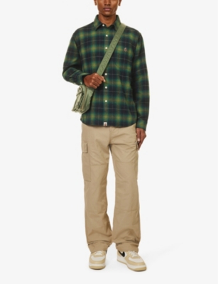 Shop A Bathing Ape Men's Green Check-pattern Brand-embroidered Cotton Shirt