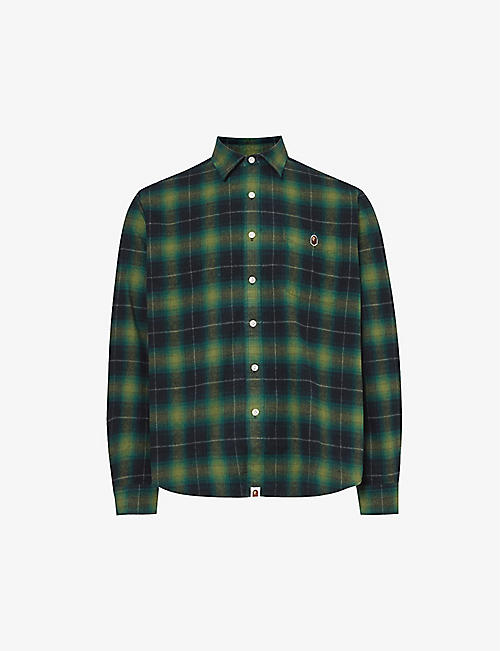 A BATHING APE: Check-pattern brand-embroidered cotton shirt