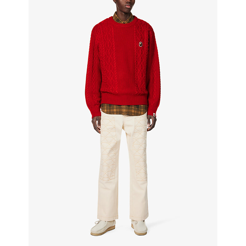 Shop A Bathing Ape Men's Red Brand-embroidered Cable-texture Knitted Jumper