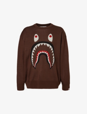 A Bathing Ape Mens Brown Shark Brand-print Knitted Jumper