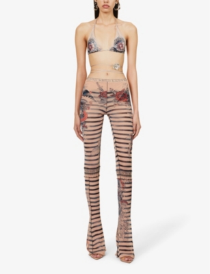 Shop Jean Paul Gaultier Women's Nude Blue Red Marinière Graphic-print Mid-rise Flared-leg Woven Trousers