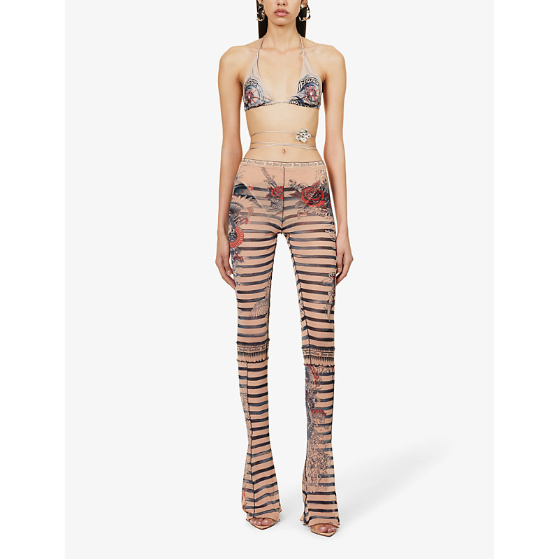 Shop Jean Paul Gaultier Women's Nude Blue Red Marinière Graphic-print Mid-rise Flared-leg Woven Trousers