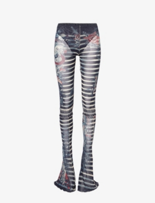 Jean Paul Gaultier Women's Navy Blue White Marinière Graphic-print Mid-rise Flared-leg Woven Trouser In Multi-coloured