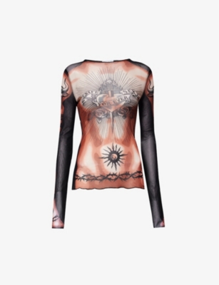 Jean Paul Gaultier Long-sleeves Tattoo-print Top In Nude Brown Black
