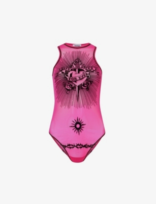 Shop Jean Paul Gaultier Women's Shockingpink Safe Sex Graphic-print Mesh Body